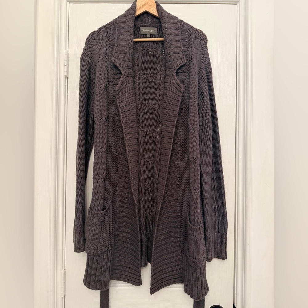 Michael Stars Cable Knit Belted Cardigan Sweater Charcoal Gray Cozy | M/L - Picture 4 of 13